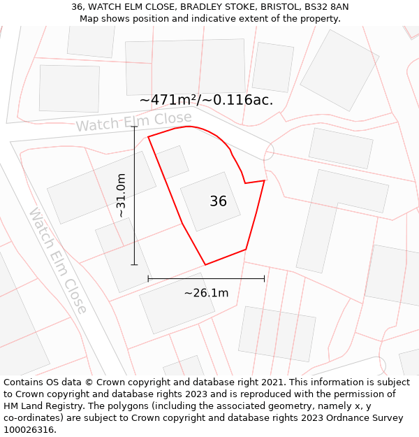 36, WATCH ELM CLOSE, BRADLEY STOKE, BRISTOL, BS32 8AN: Plot and title map