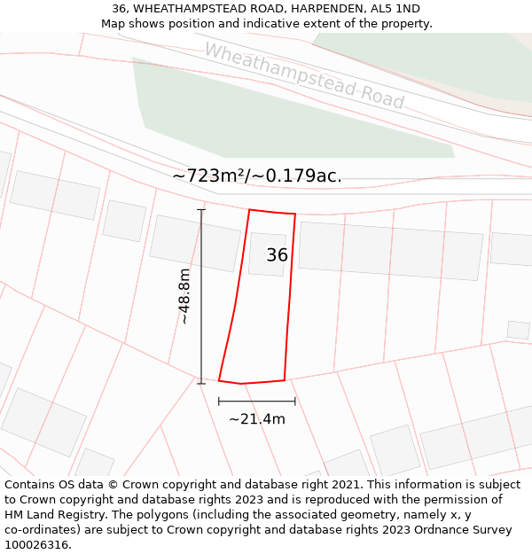 36, WHEATHAMPSTEAD ROAD, HARPENDEN, AL5 1ND: Plot and title map