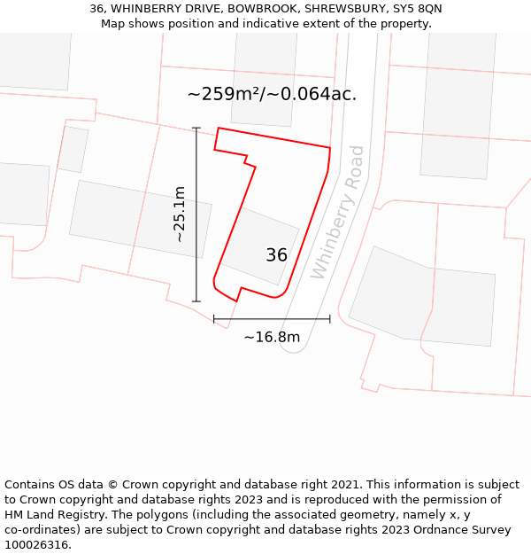 36, WHINBERRY DRIVE, BOWBROOK, SHREWSBURY, SY5 8QN: Plot and title map