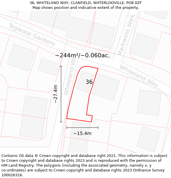 36, WHITELAND WAY, CLANFIELD, WATERLOOVILLE, PO8 0ZF: Plot and title map