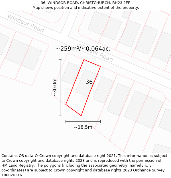 36, WINDSOR ROAD, CHRISTCHURCH, BH23 2EE: Plot and title map