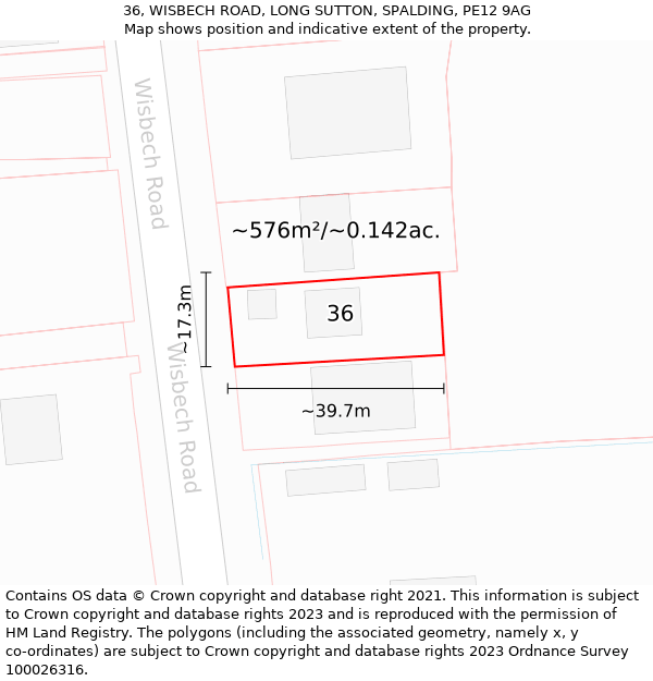 36, WISBECH ROAD, LONG SUTTON, SPALDING, PE12 9AG: Plot and title map