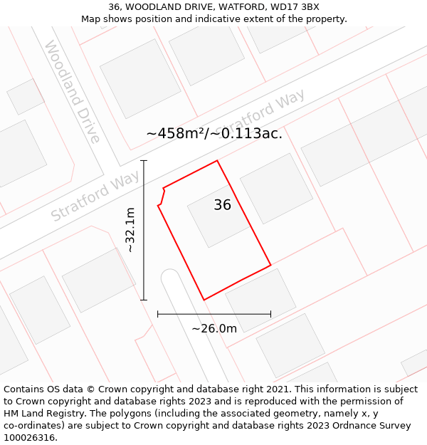 36, WOODLAND DRIVE, WATFORD, WD17 3BX: Plot and title map