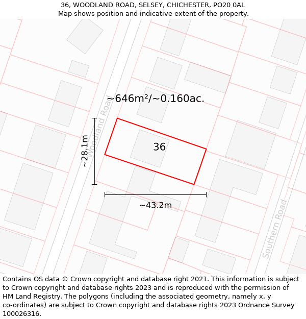 36, WOODLAND ROAD, SELSEY, CHICHESTER, PO20 0AL: Plot and title map