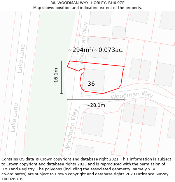 36, WOODMAN WAY, HORLEY, RH6 9ZE: Plot and title map