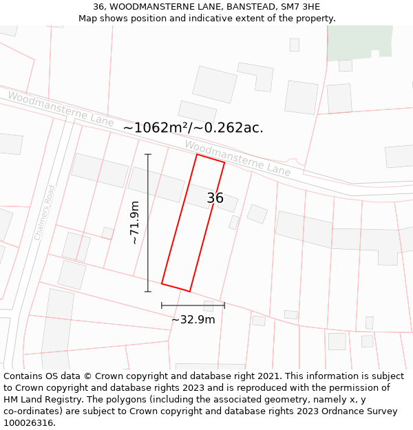 36, WOODMANSTERNE LANE, BANSTEAD, SM7 3HE: Plot and title map