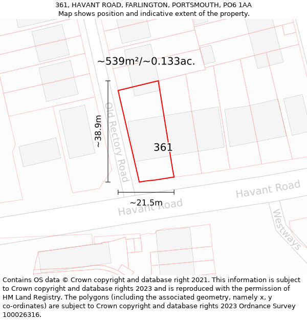 361, HAVANT ROAD, FARLINGTON, PORTSMOUTH, PO6 1AA: Plot and title map