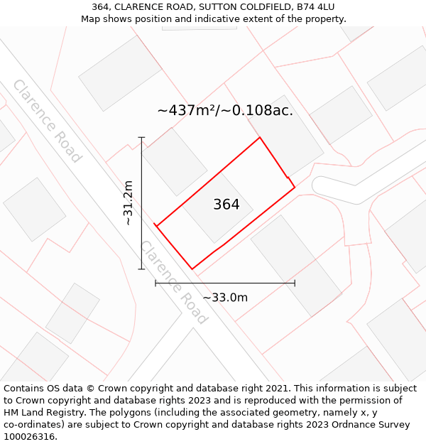 364, CLARENCE ROAD, SUTTON COLDFIELD, B74 4LU: Plot and title map