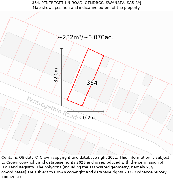 364, PENTREGETHIN ROAD, GENDROS, SWANSEA, SA5 8AJ: Plot and title map