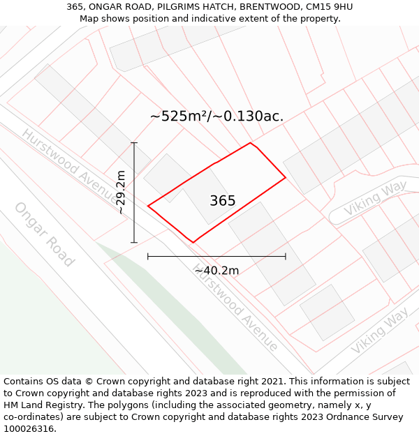 365, ONGAR ROAD, PILGRIMS HATCH, BRENTWOOD, CM15 9HU: Plot and title map