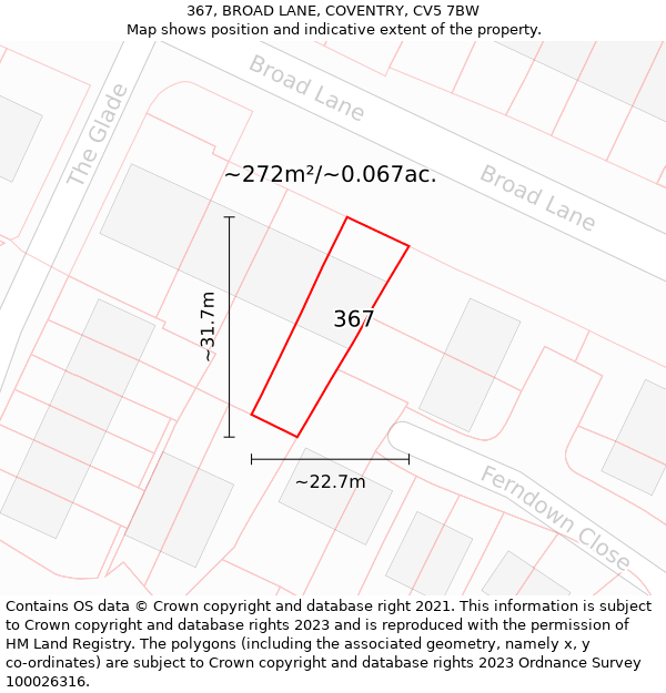 367, BROAD LANE, COVENTRY, CV5 7BW: Plot and title map