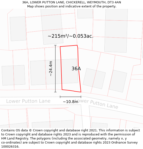 36A, LOWER PUTTON LANE, CHICKERELL, WEYMOUTH, DT3 4AN: Plot and title map
