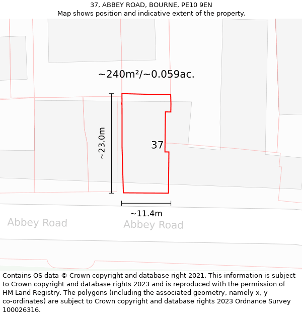 37, ABBEY ROAD, BOURNE, PE10 9EN: Plot and title map