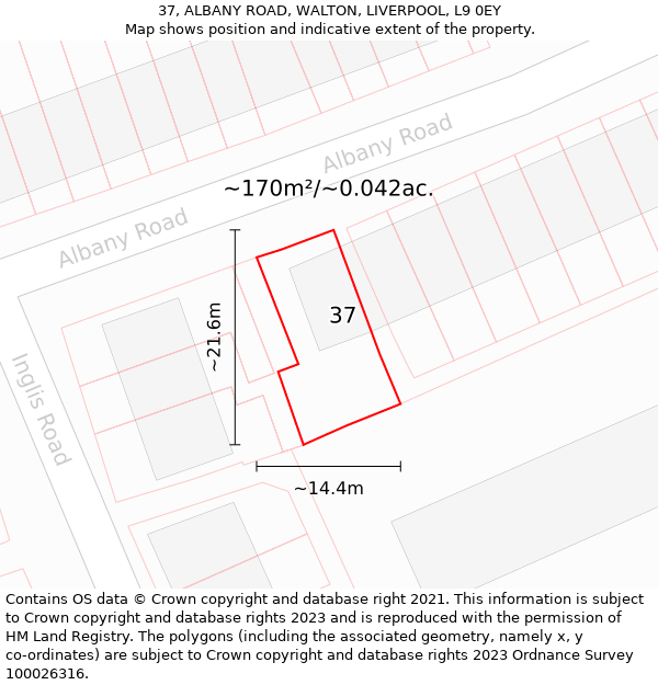 37, ALBANY ROAD, WALTON, LIVERPOOL, L9 0EY: Plot and title map