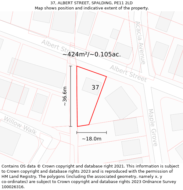 37, ALBERT STREET, SPALDING, PE11 2LD: Plot and title map