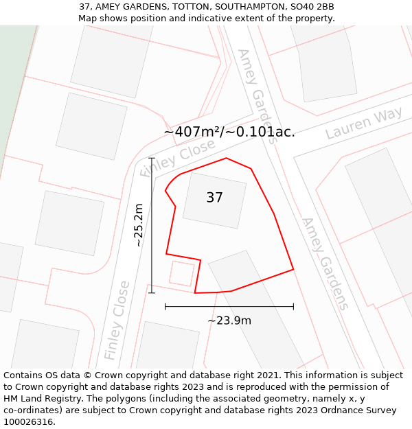 37, AMEY GARDENS, TOTTON, SOUTHAMPTON, SO40 2BB: Plot and title map