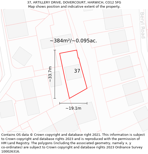 37, ARTILLERY DRIVE, DOVERCOURT, HARWICH, CO12 5FG: Plot and title map