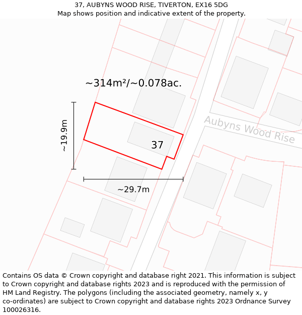 37, AUBYNS WOOD RISE, TIVERTON, EX16 5DG: Plot and title map