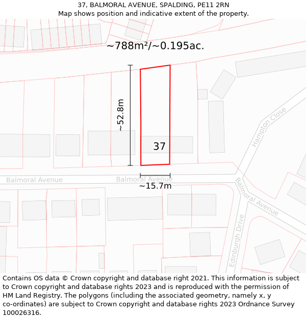 37, BALMORAL AVENUE, SPALDING, PE11 2RN: Plot and title map