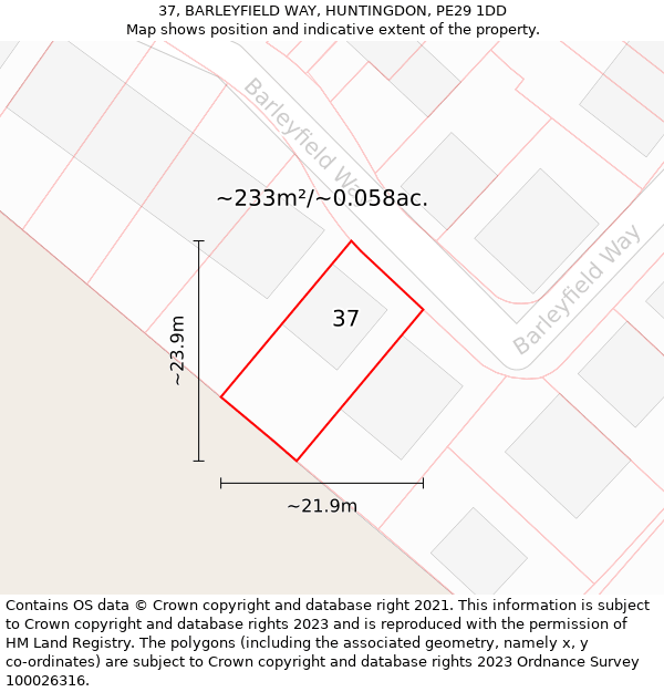 37, BARLEYFIELD WAY, HUNTINGDON, PE29 1DD: Plot and title map