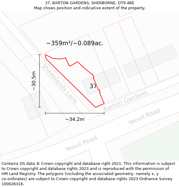 37, BARTON GARDENS, SHERBORNE, DT9 4BE: Plot and title map