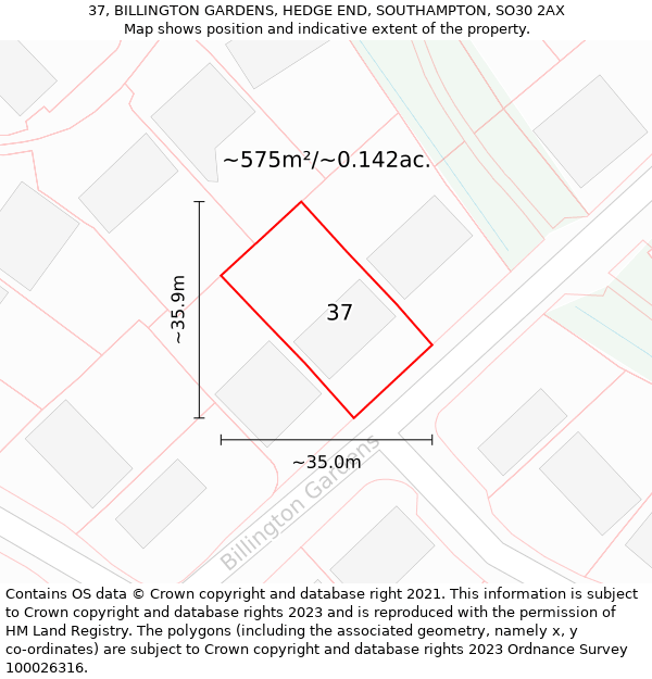 37, BILLINGTON GARDENS, HEDGE END, SOUTHAMPTON, SO30 2AX: Plot and title map