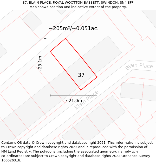 37, BLAIN PLACE, ROYAL WOOTTON BASSETT, SWINDON, SN4 8FF: Plot and title map