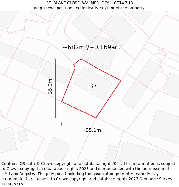 37, BLAKE CLOSE, WALMER, DEAL, CT14 7UB: Plot and title map