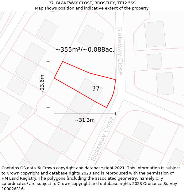 37, BLAKEWAY CLOSE, BROSELEY, TF12 5SS: Plot and title map