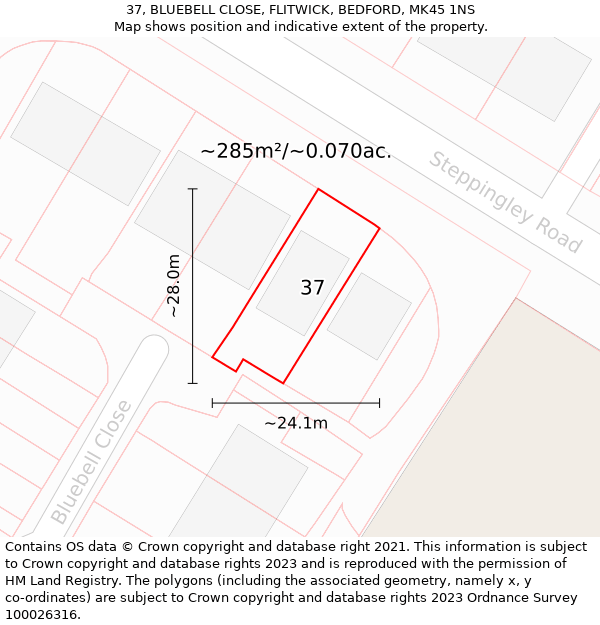 37, BLUEBELL CLOSE, FLITWICK, BEDFORD, MK45 1NS: Plot and title map