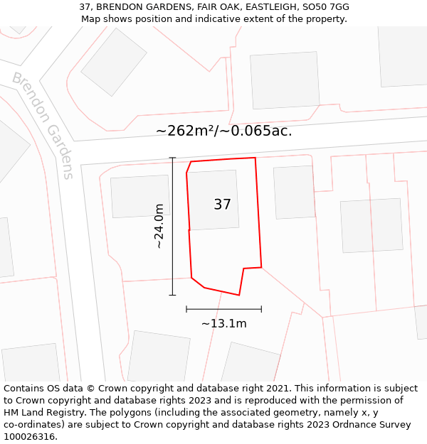 37, BRENDON GARDENS, FAIR OAK, EASTLEIGH, SO50 7GG: Plot and title map