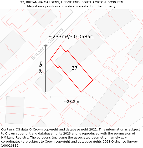 37, BRITANNIA GARDENS, HEDGE END, SOUTHAMPTON, SO30 2RN: Plot and title map