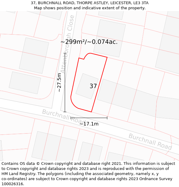 37, BURCHNALL ROAD, THORPE ASTLEY, LEICESTER, LE3 3TA: Plot and title map