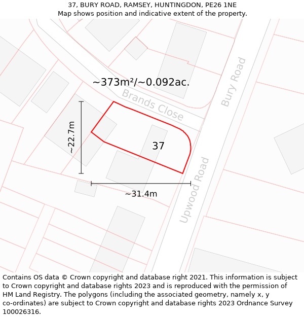 37, BURY ROAD, RAMSEY, HUNTINGDON, PE26 1NE: Plot and title map