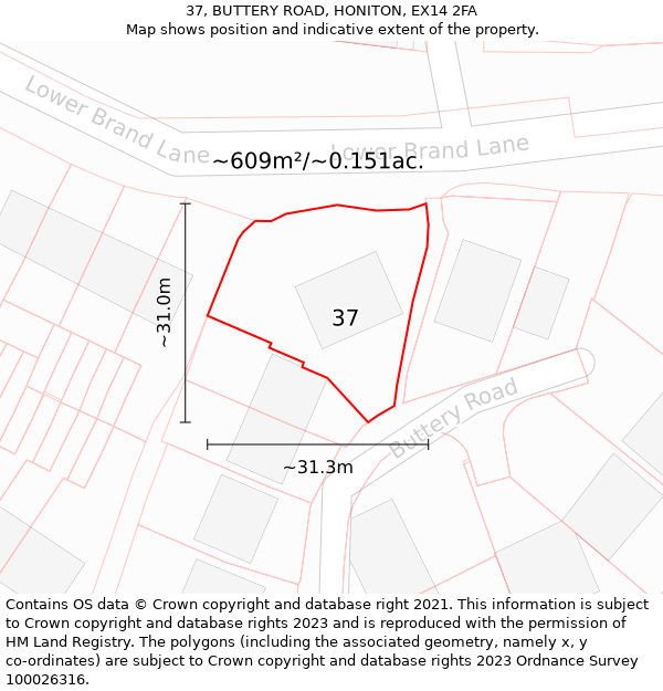 37, BUTTERY ROAD, HONITON, EX14 2FA: Plot and title map