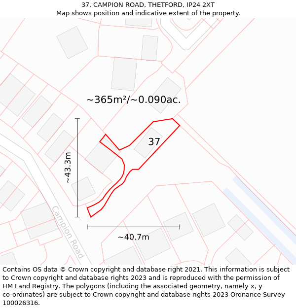 37, CAMPION ROAD, THETFORD, IP24 2XT: Plot and title map