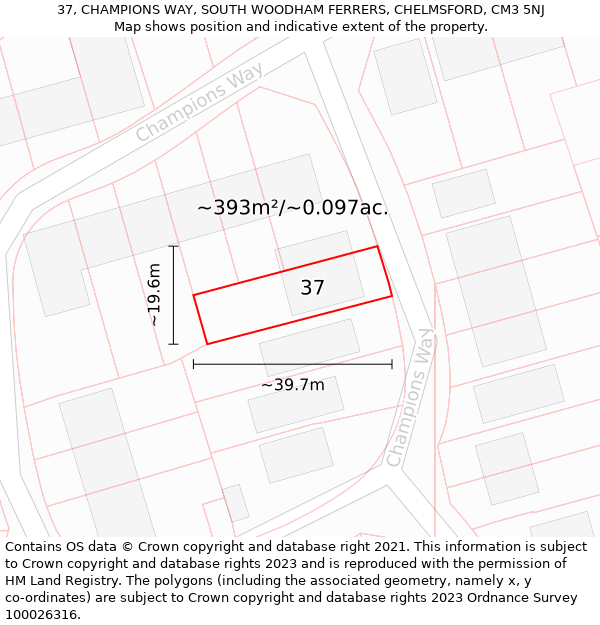 37, CHAMPIONS WAY, SOUTH WOODHAM FERRERS, CHELMSFORD, CM3 5NJ: Plot and title map