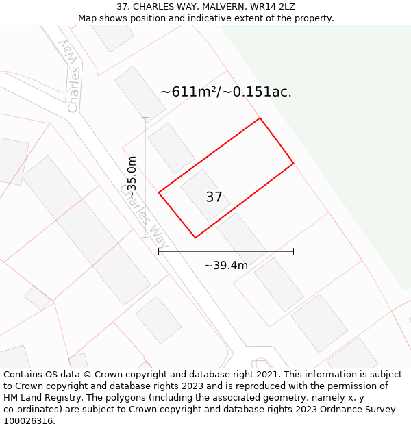37, CHARLES WAY, MALVERN, WR14 2LZ: Plot and title map