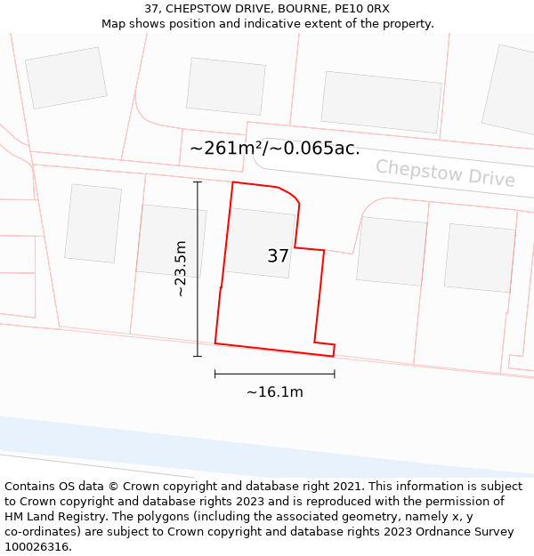 37, CHEPSTOW DRIVE, BOURNE, PE10 0RX: Plot and title map