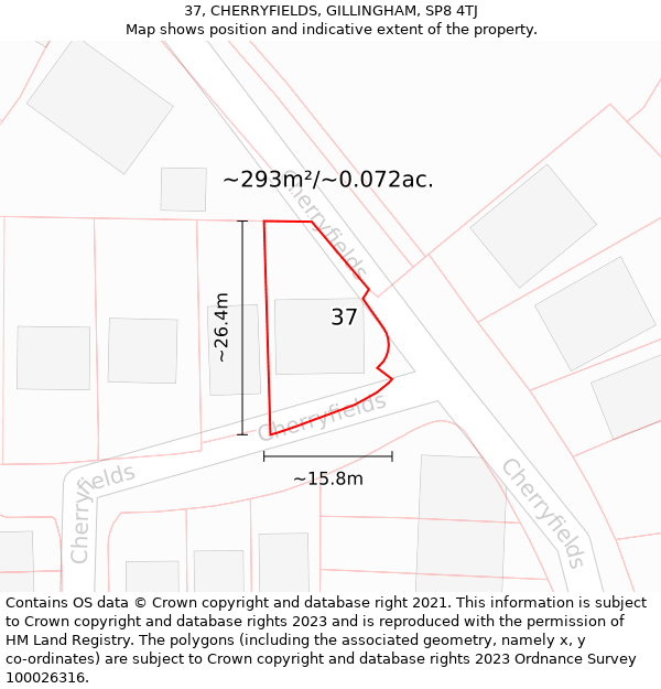 37, CHERRYFIELDS, GILLINGHAM, SP8 4TJ: Plot and title map