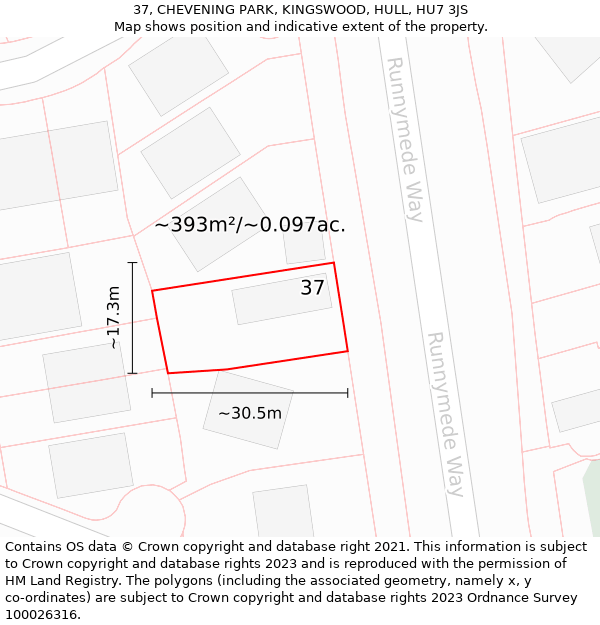 37, CHEVENING PARK, KINGSWOOD, HULL, HU7 3JS: Plot and title map