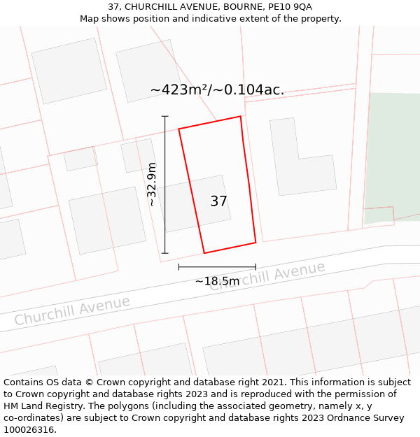 37, CHURCHILL AVENUE, BOURNE, PE10 9QA: Plot and title map