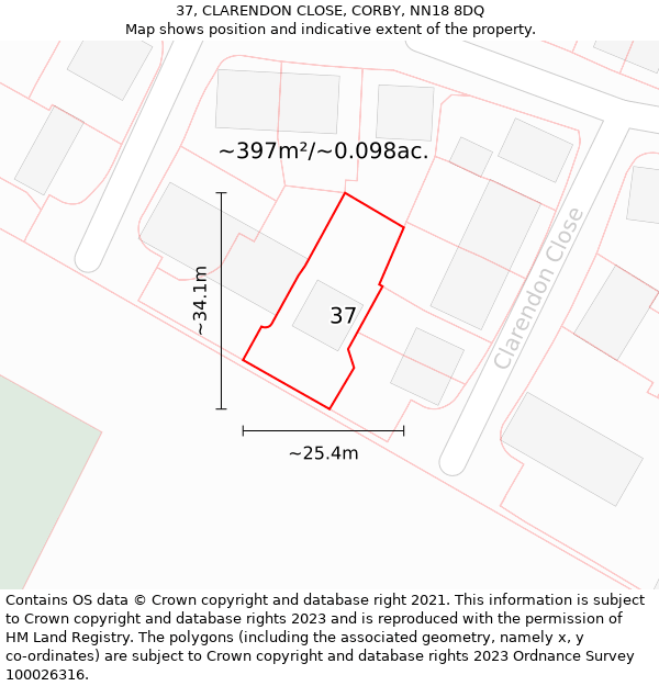 37, CLARENDON CLOSE, CORBY, NN18 8DQ: Plot and title map