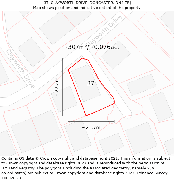 37, CLAYWORTH DRIVE, DONCASTER, DN4 7RJ: Plot and title map