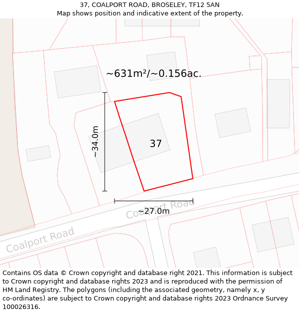 37, COALPORT ROAD, BROSELEY, TF12 5AN: Plot and title map