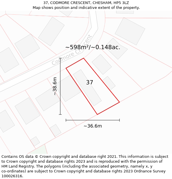 37, CODMORE CRESCENT, CHESHAM, HP5 3LZ: Plot and title map