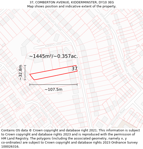 37, COMBERTON AVENUE, KIDDERMINSTER, DY10 3EG: Plot and title map