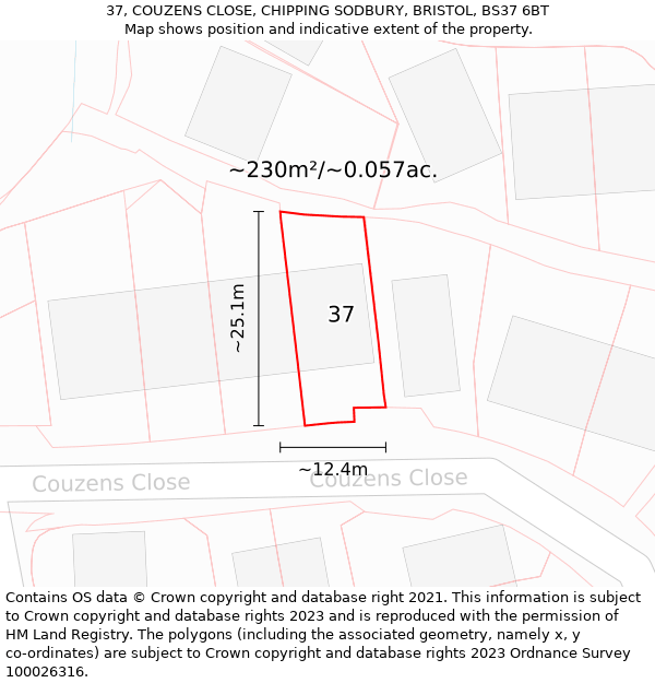 37, COUZENS CLOSE, CHIPPING SODBURY, BRISTOL, BS37 6BT: Plot and title map