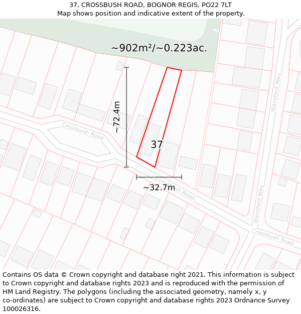 37, CROSSBUSH ROAD, BOGNOR REGIS, PO22 7LT: Plot and title map