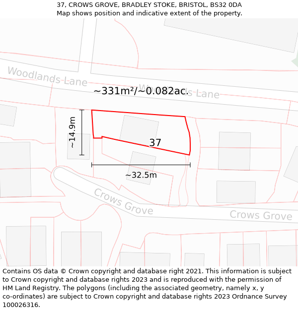 37, CROWS GROVE, BRADLEY STOKE, BRISTOL, BS32 0DA: Plot and title map